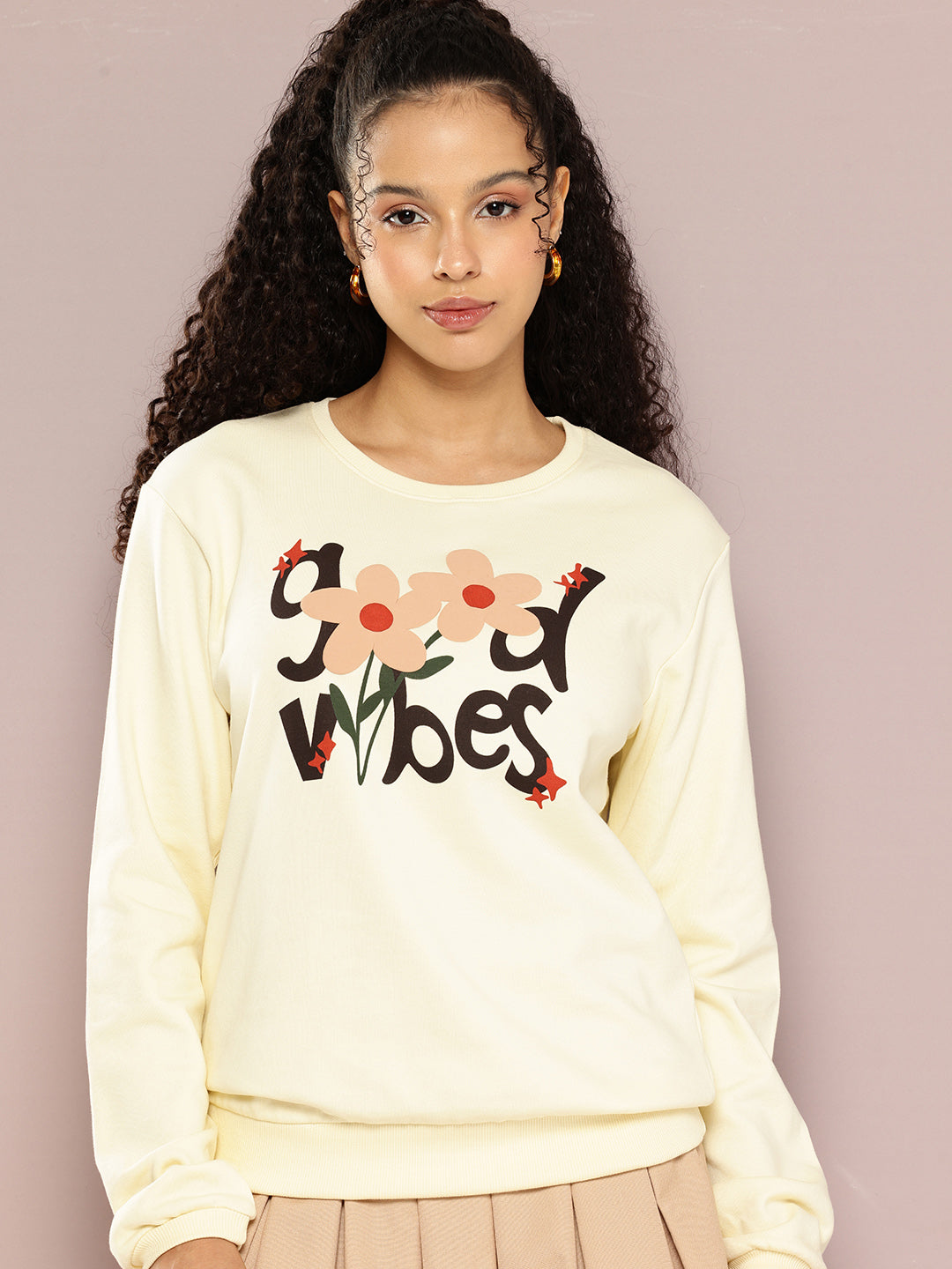 Womens Full Sleeve Round Neck Embellished Relaxed Fit Tshirts