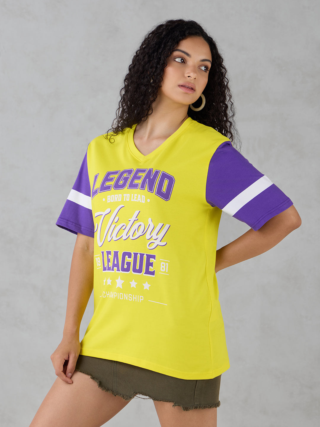 Womens Half Sleeve Printed Oversized Fit V-Neck Tshirt