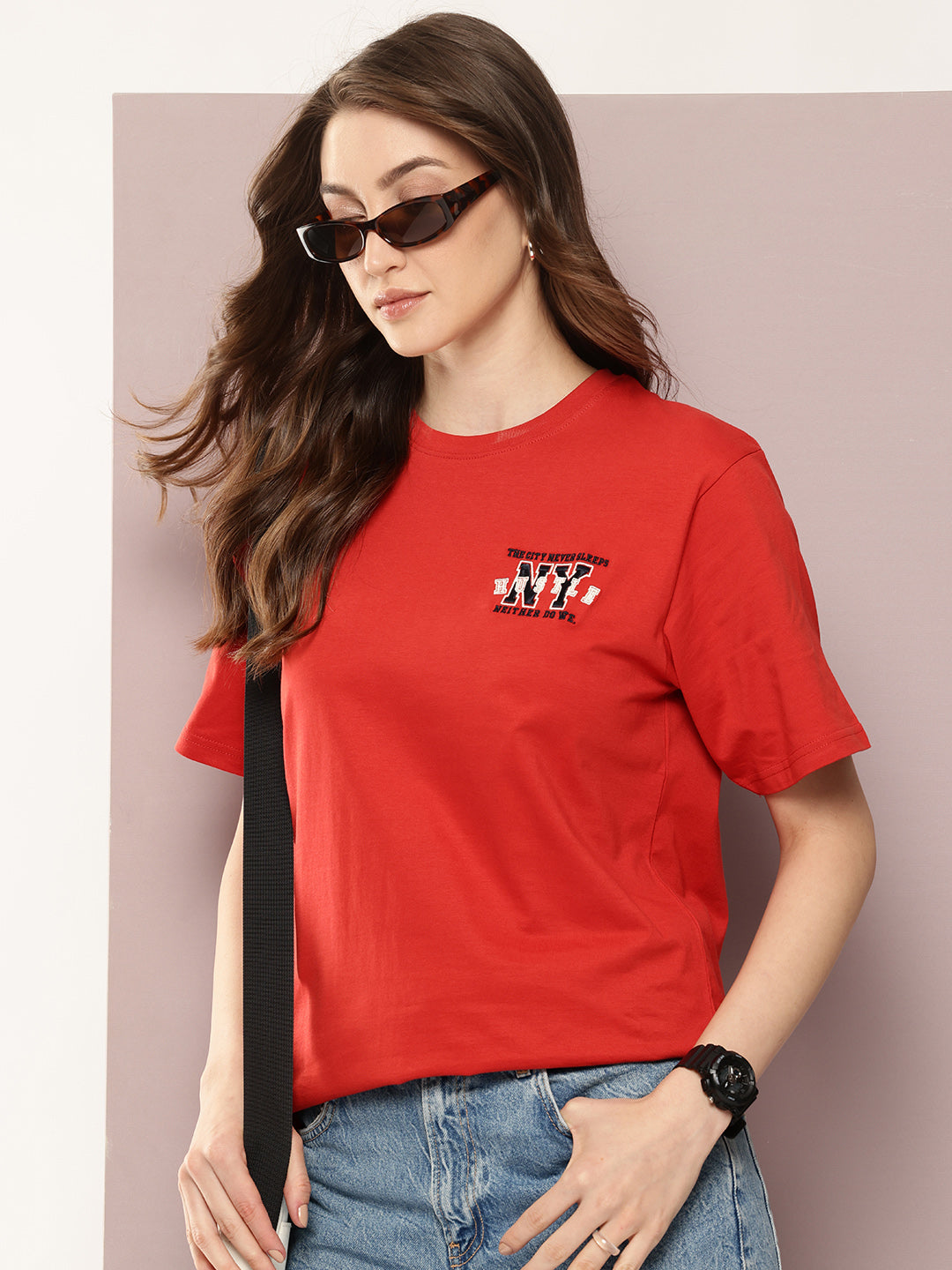 Womens Half Sleeve Round Neck Embroidered Oversized Fit Tshirts