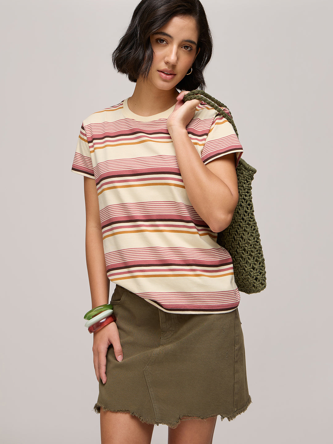 Womens Striped Regular Fit Cotton T-Shirt