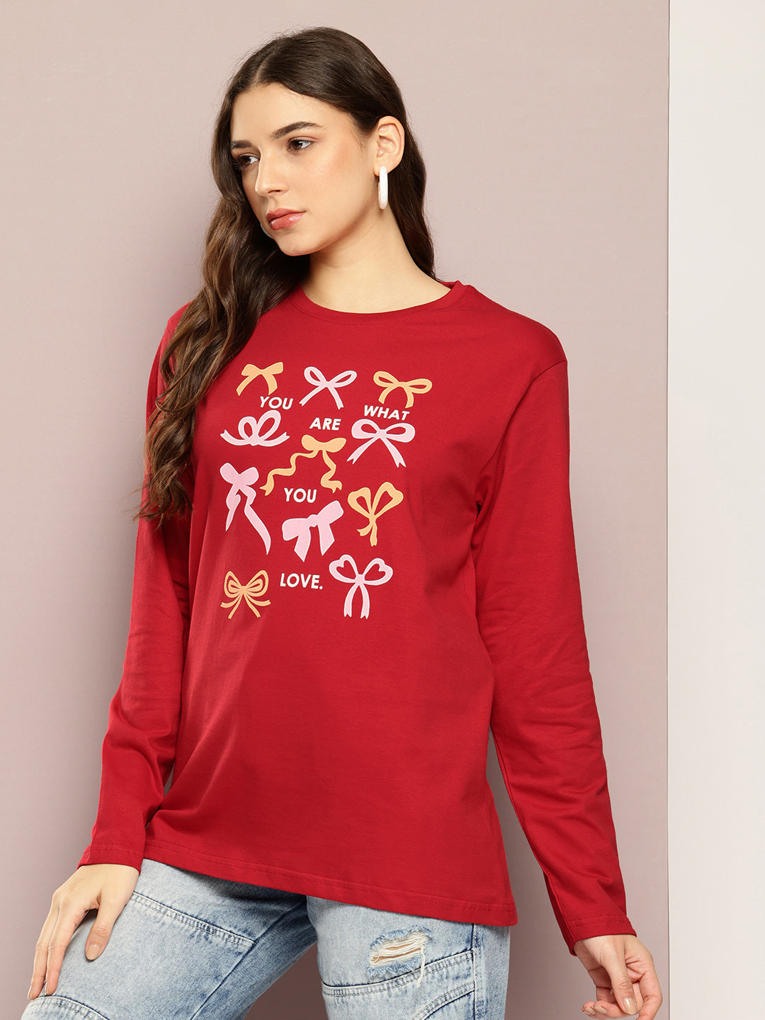 Womens Full Sleeve Round Neck Printed Oversized Fit Tshirts