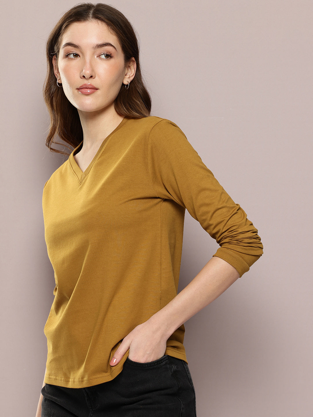 Womens Full Sleeve V-Neck Solid Regular Fit Tshirts