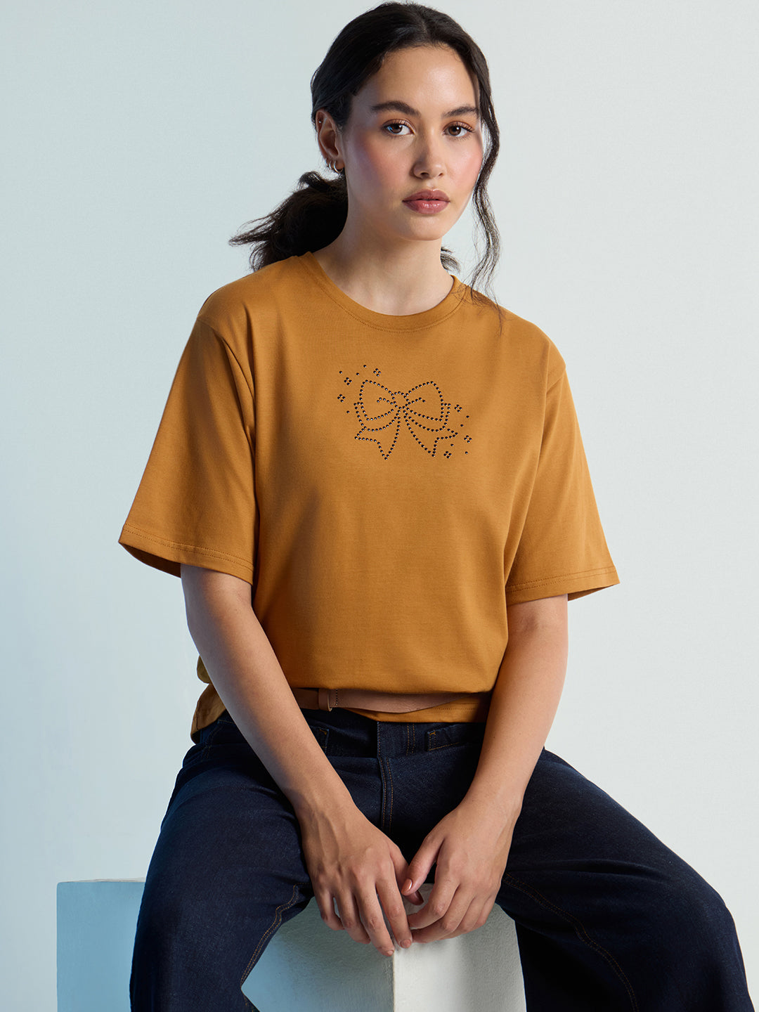 Womens Stud Detailed Oversized Round Neck Tshirt 
