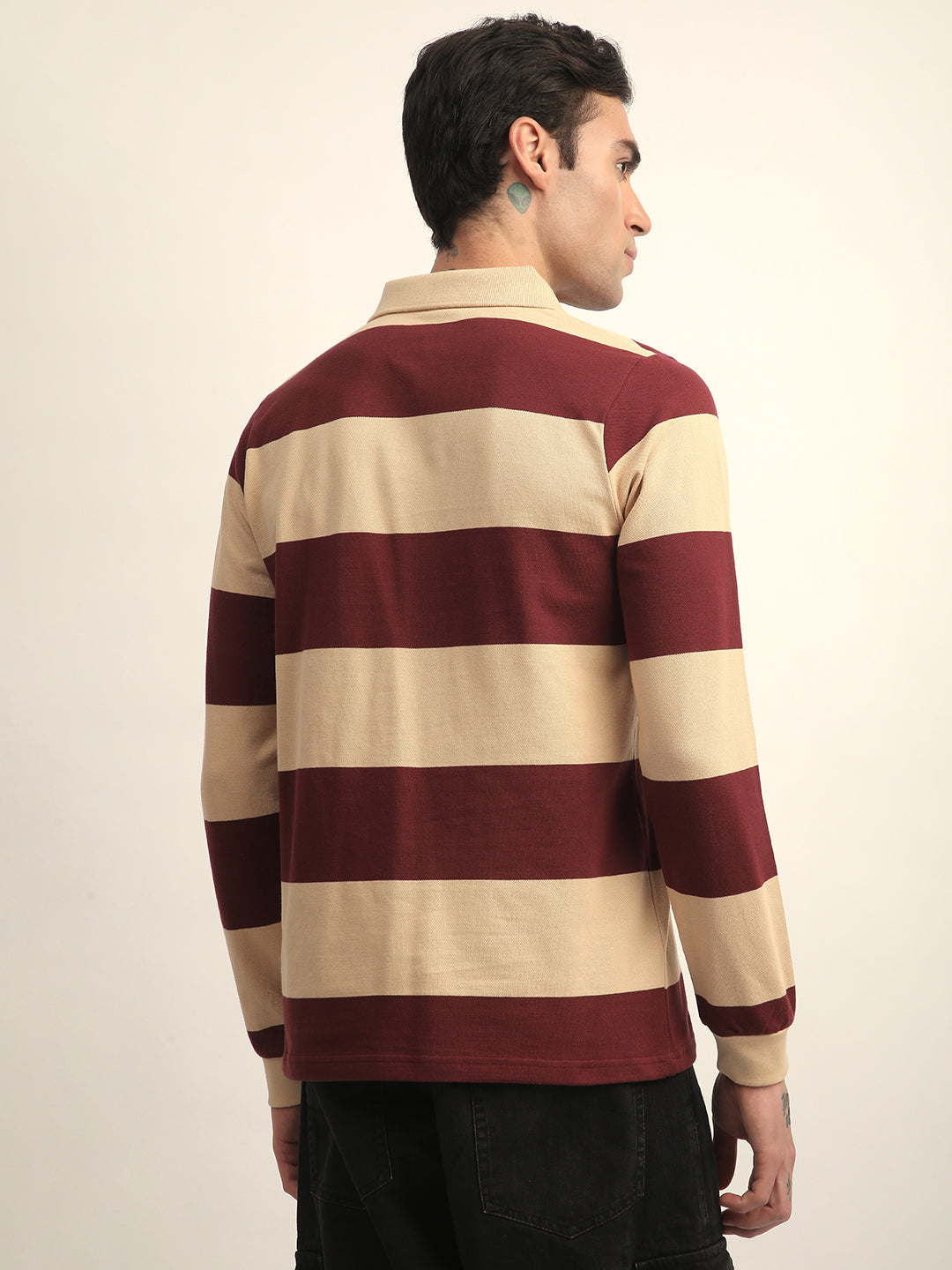 Mens Full Sleeve Polo Neck All-Over Striped Regular Fit Tshirts