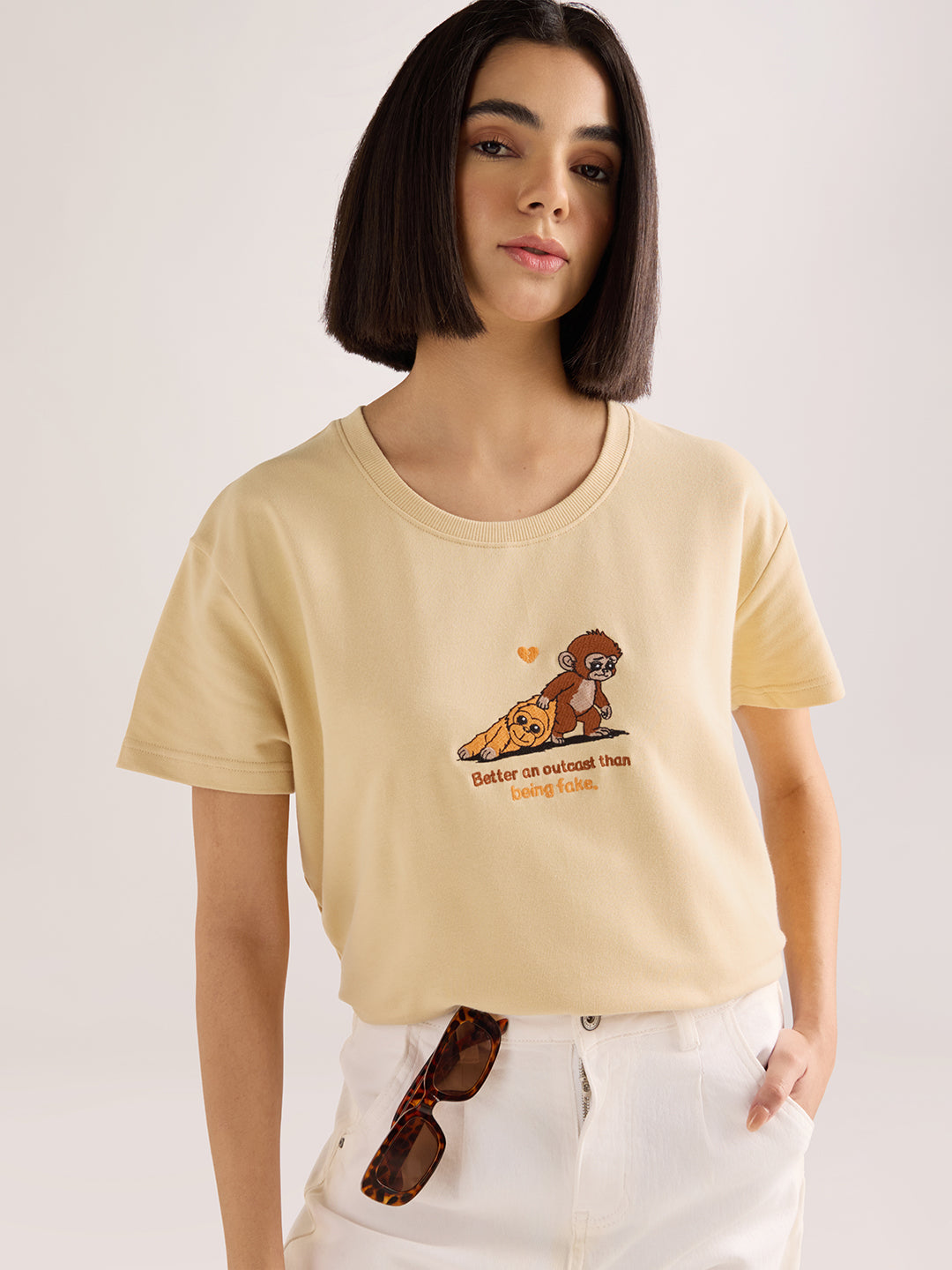 Womens Embroidery Boxy Regular Fit French Terry Cotton Tshirt