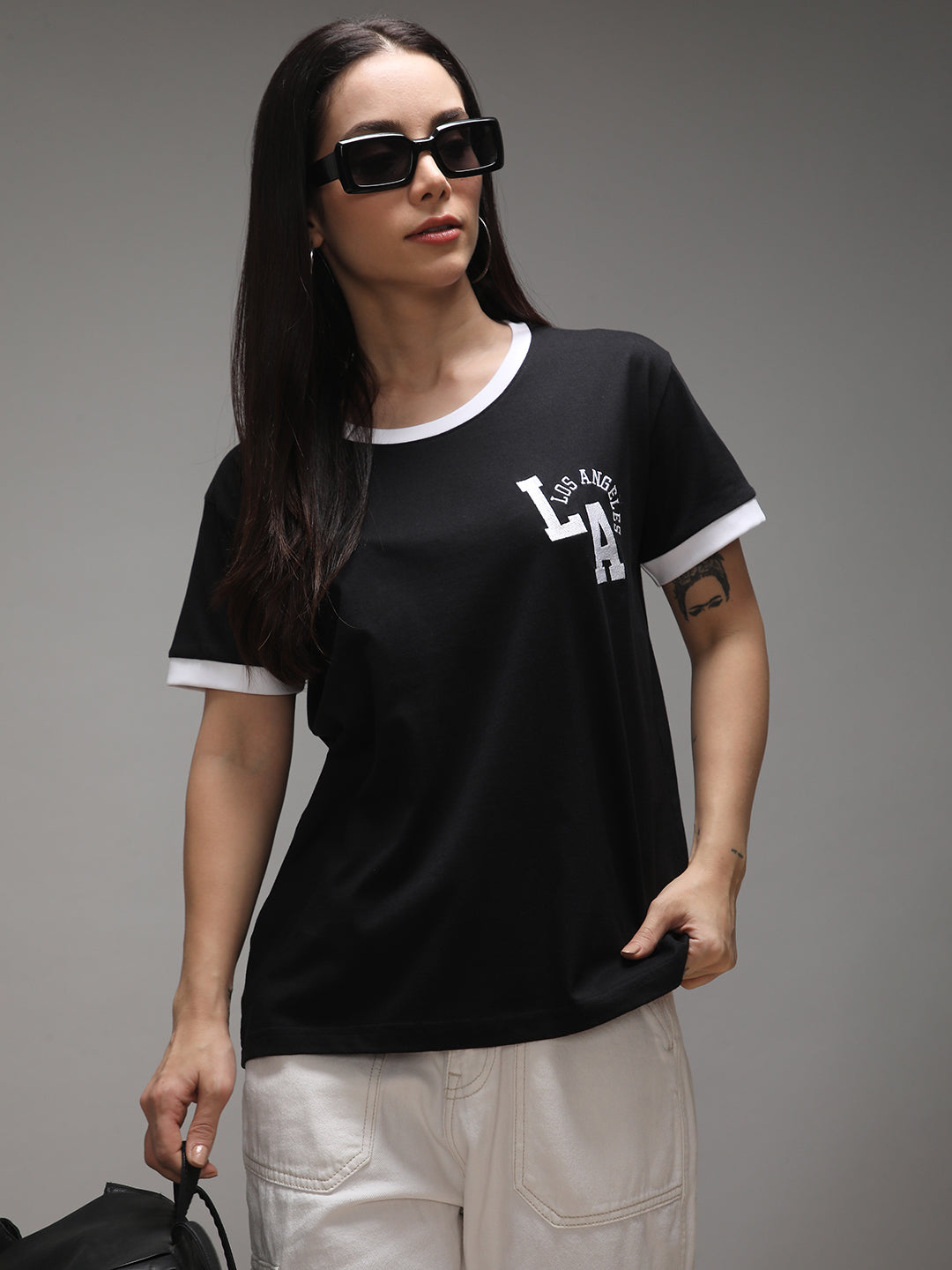 Womens Half Sleeve Round Neck Embroidery Boxy Fit Tshirts