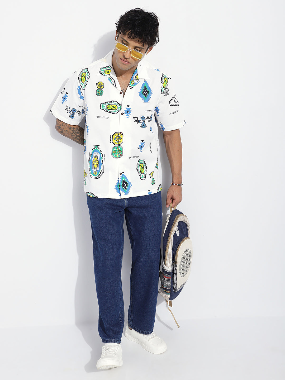 Mens Boxy Regular Short Sleeve Printed White Shirt