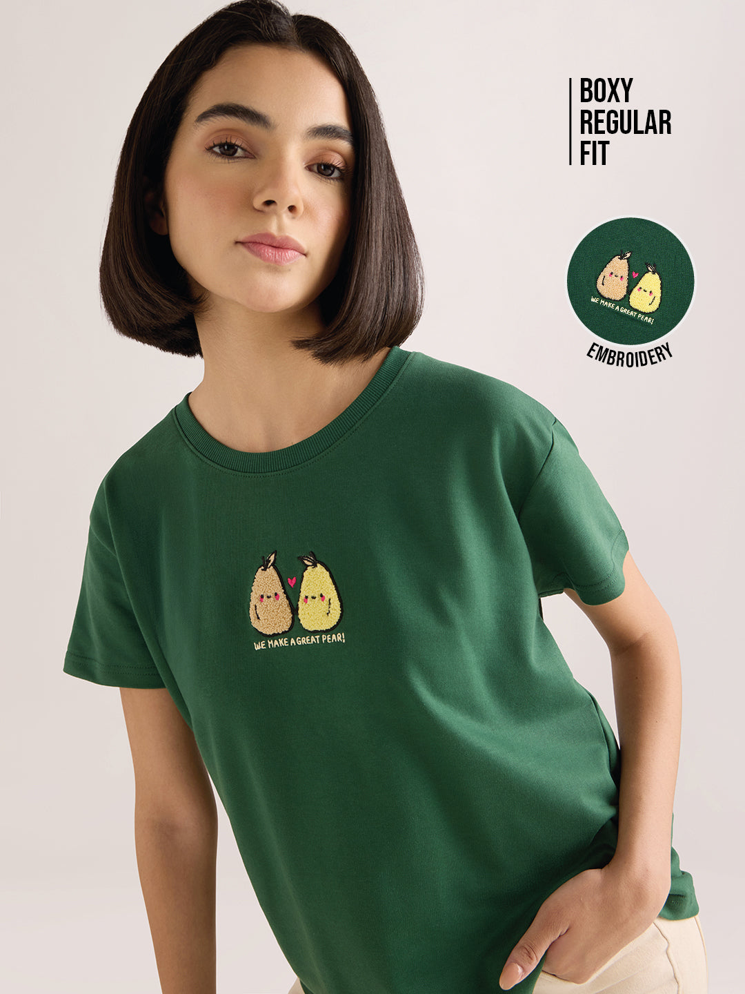 Womens Embroidery Boxy Regular Fit French Terry Cotton Tshirt