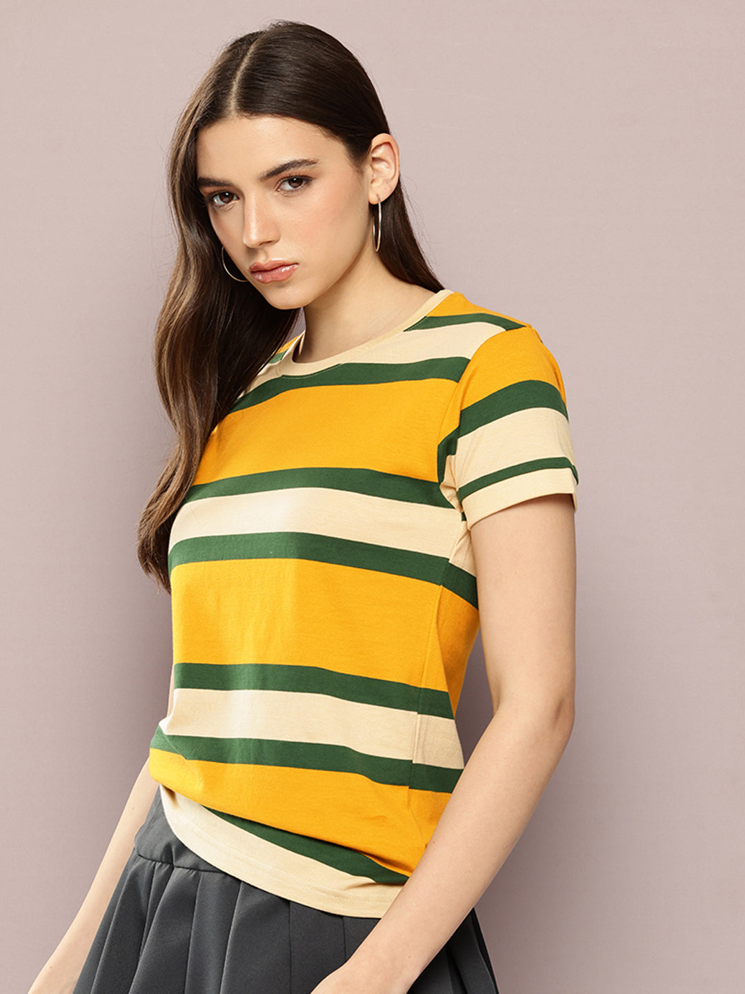 Womens Half Sleeve Round Neck All-Over Striped Regular Fit Tshirts