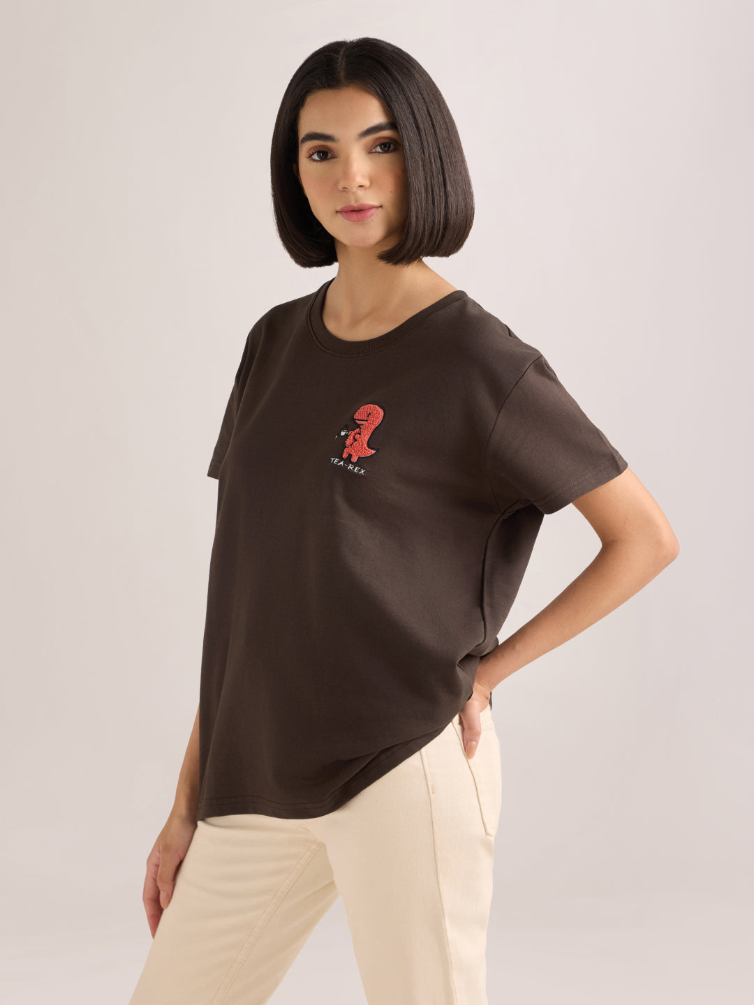 Womens Embroidery Boxy Regular Fit French Terry Cotton Tshirt