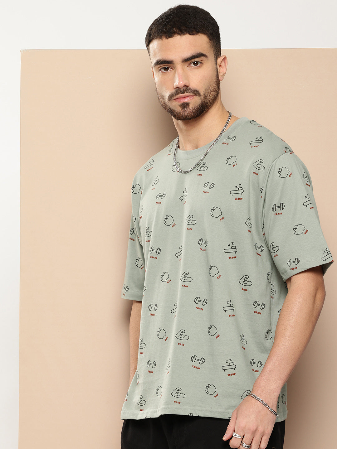 Mens Half Sleeve Round Neck All-Over Printed Oversized Fit Tshirts