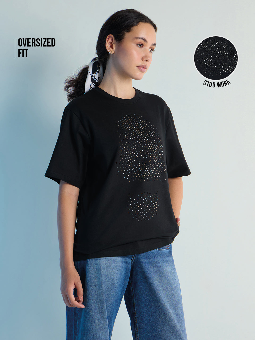 Womens Stud Detailed Oversized Round Neck Tshirt 