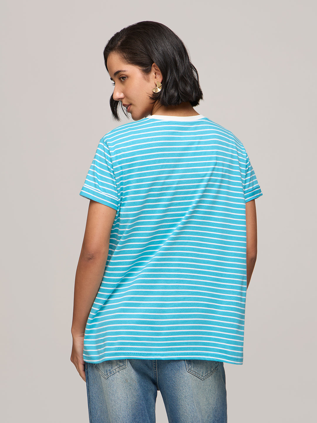 Womens Striped Boxy Regular Fit Cotton T-Shirt
