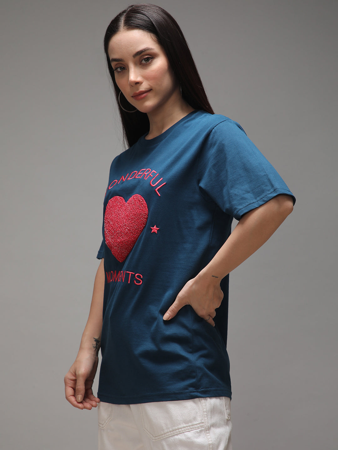 Womens Half Sleeve Round Neck Embroidery Oversized Fit Tshirts