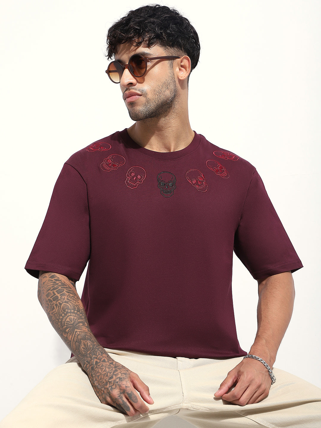 Mens Half Sleeve Round Neck Embroidered Oversized Fit Tshirts