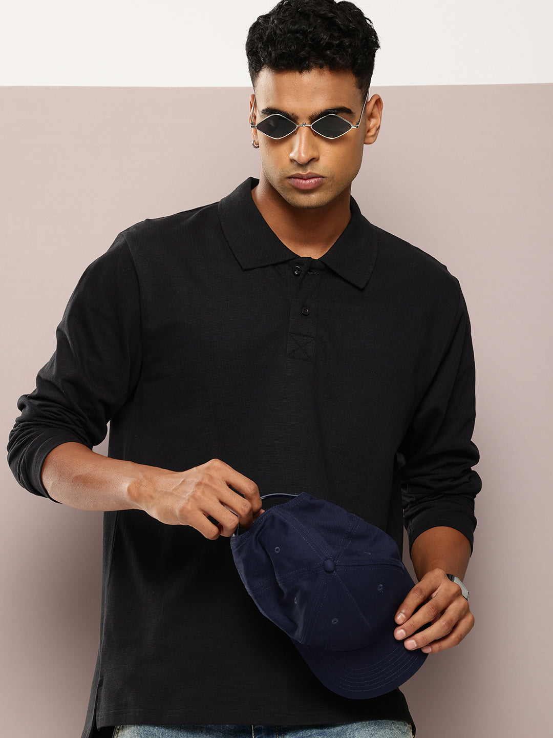 Mens Full Sleeve Polo Neck Solid Oversized Fit Tshirts