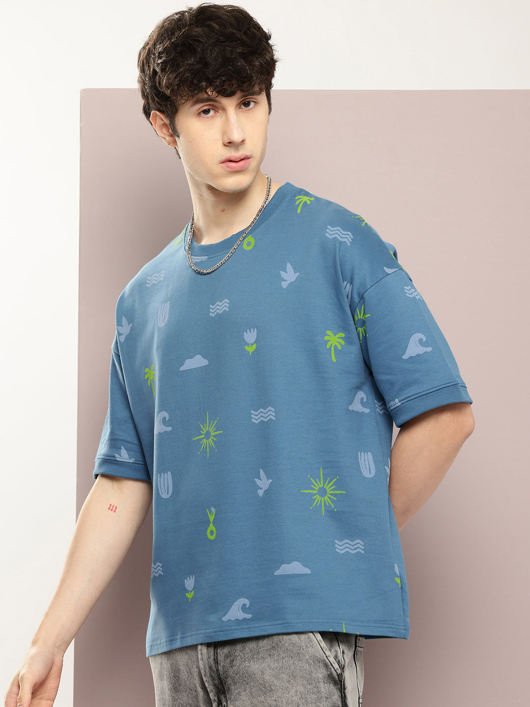 Mens Half Sleeve Round Neck All-Over Printed Oversized Fit Tshirts