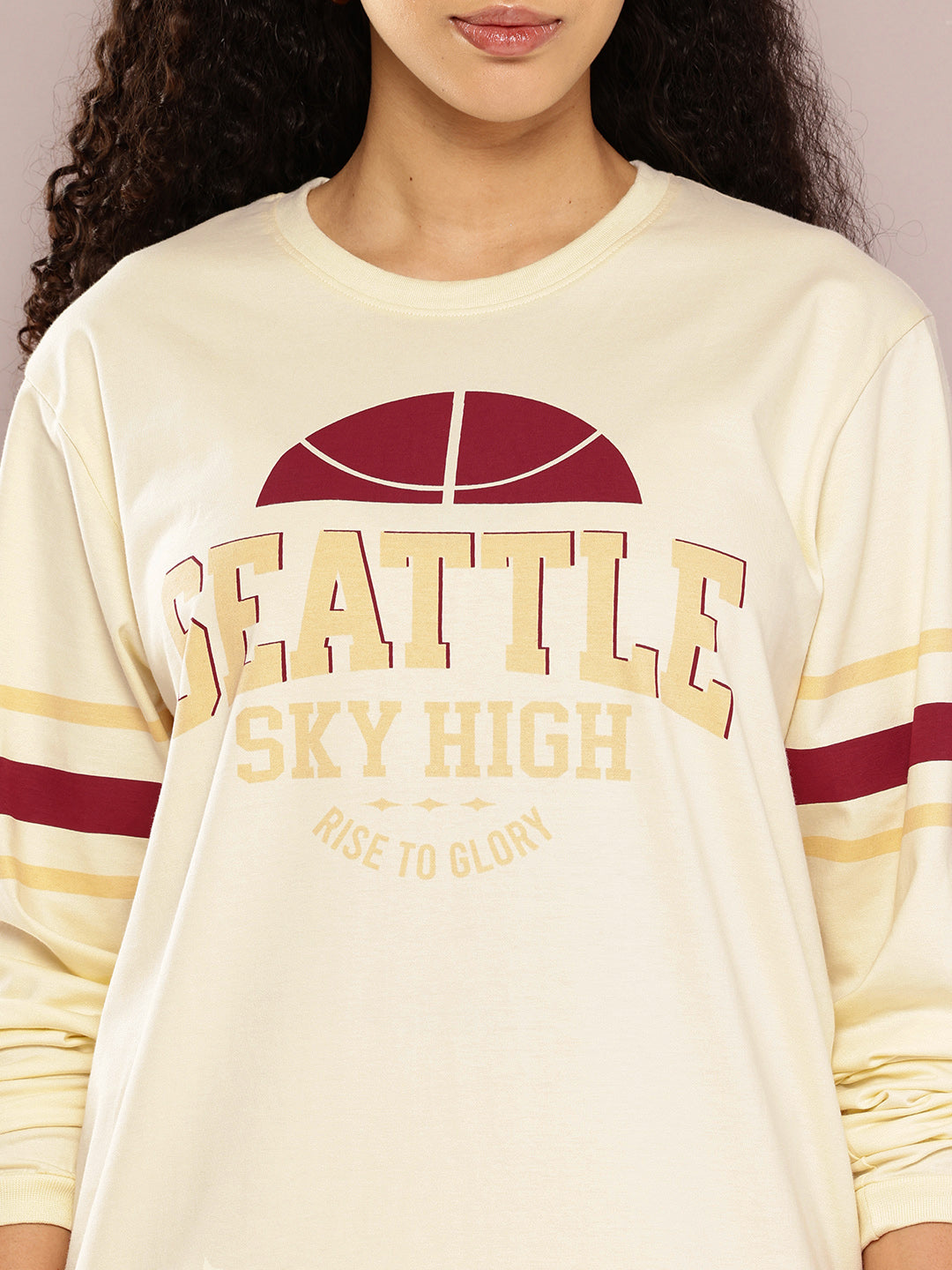 Womens Full Sleeve Round Neck Printed Oversized Fit Tshirts
