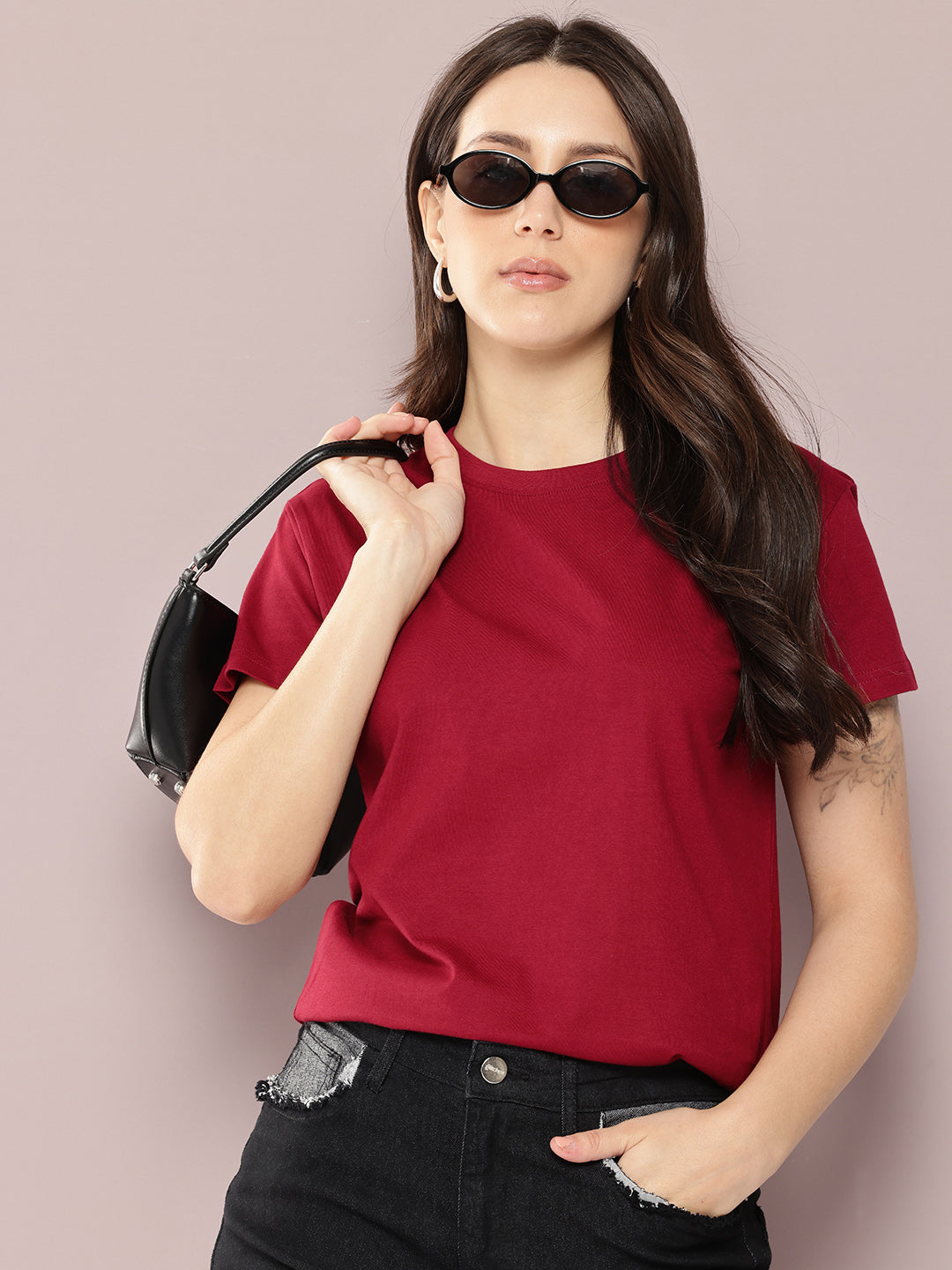 Womens Half Sleeve Round Neck Solid Regular Fit Tshirts
