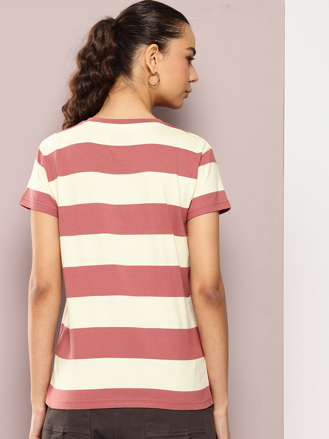 Womens Half Sleeve Round Neck Striped Regular Fit Tshirts