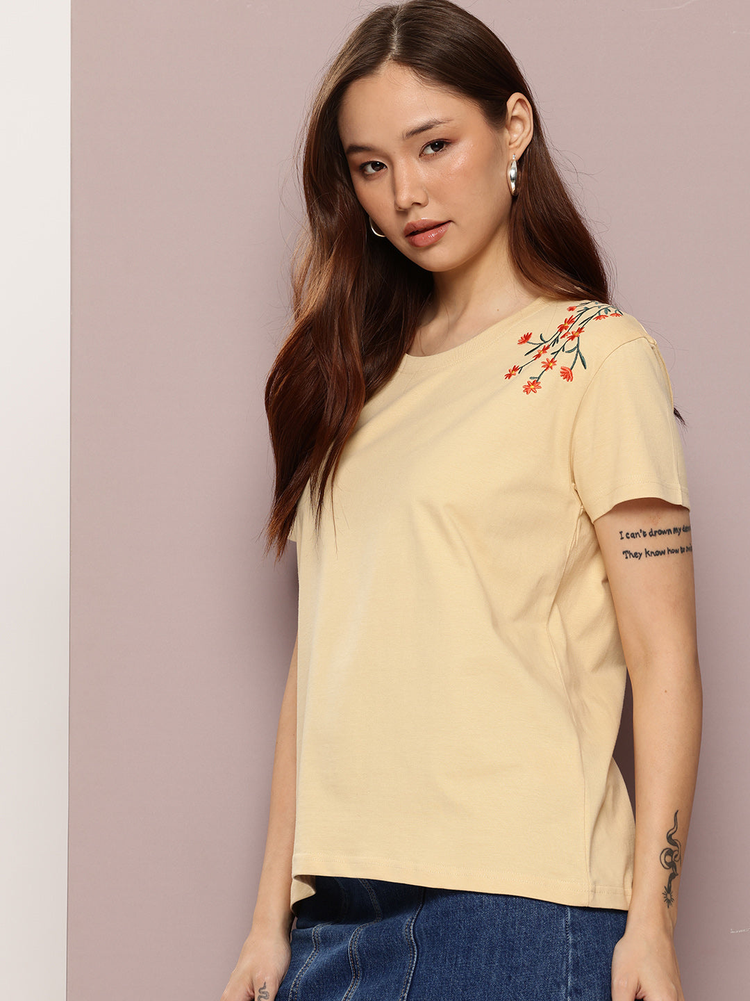 Womens Half Sleeve Round Neck Embroidered Boxy Fit Tshirts