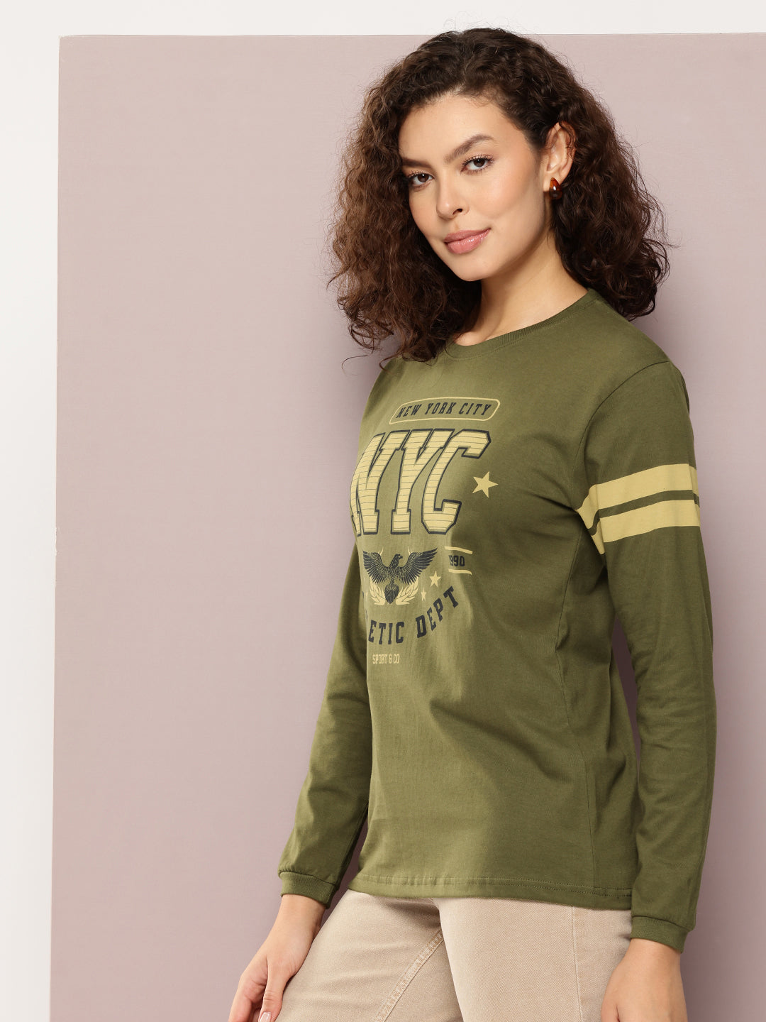 Womens Full Sleeve Round Neck Printed Oversized Fit Tshirts