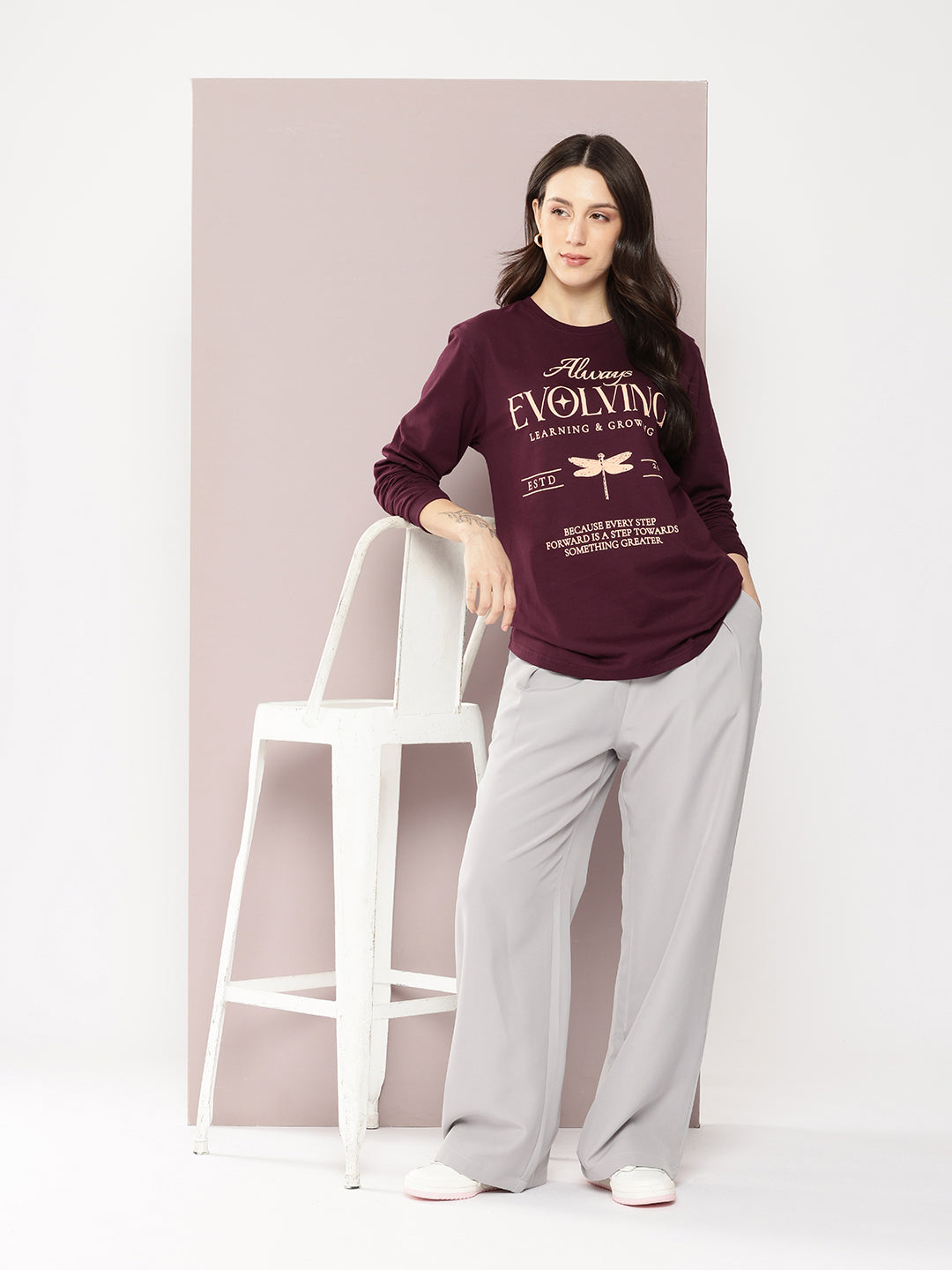 Womens Full Sleeve Round Neck Printed Oversized Fit Tshirts