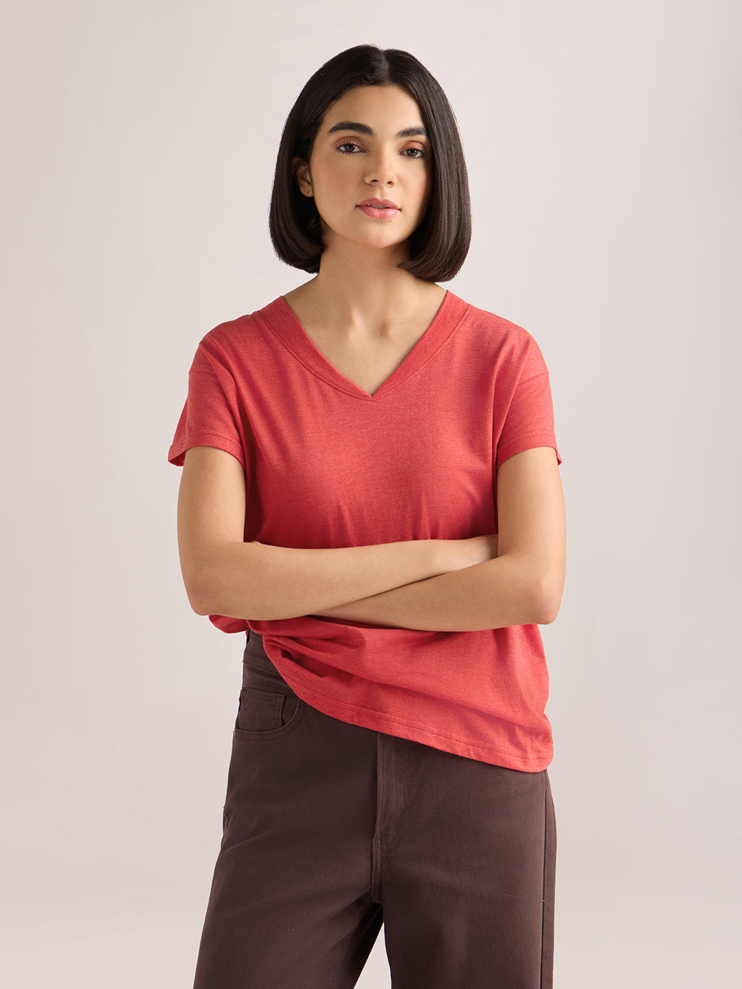 Womens Solid Regular Fit Poly Cotton  V-Neck Tshirt