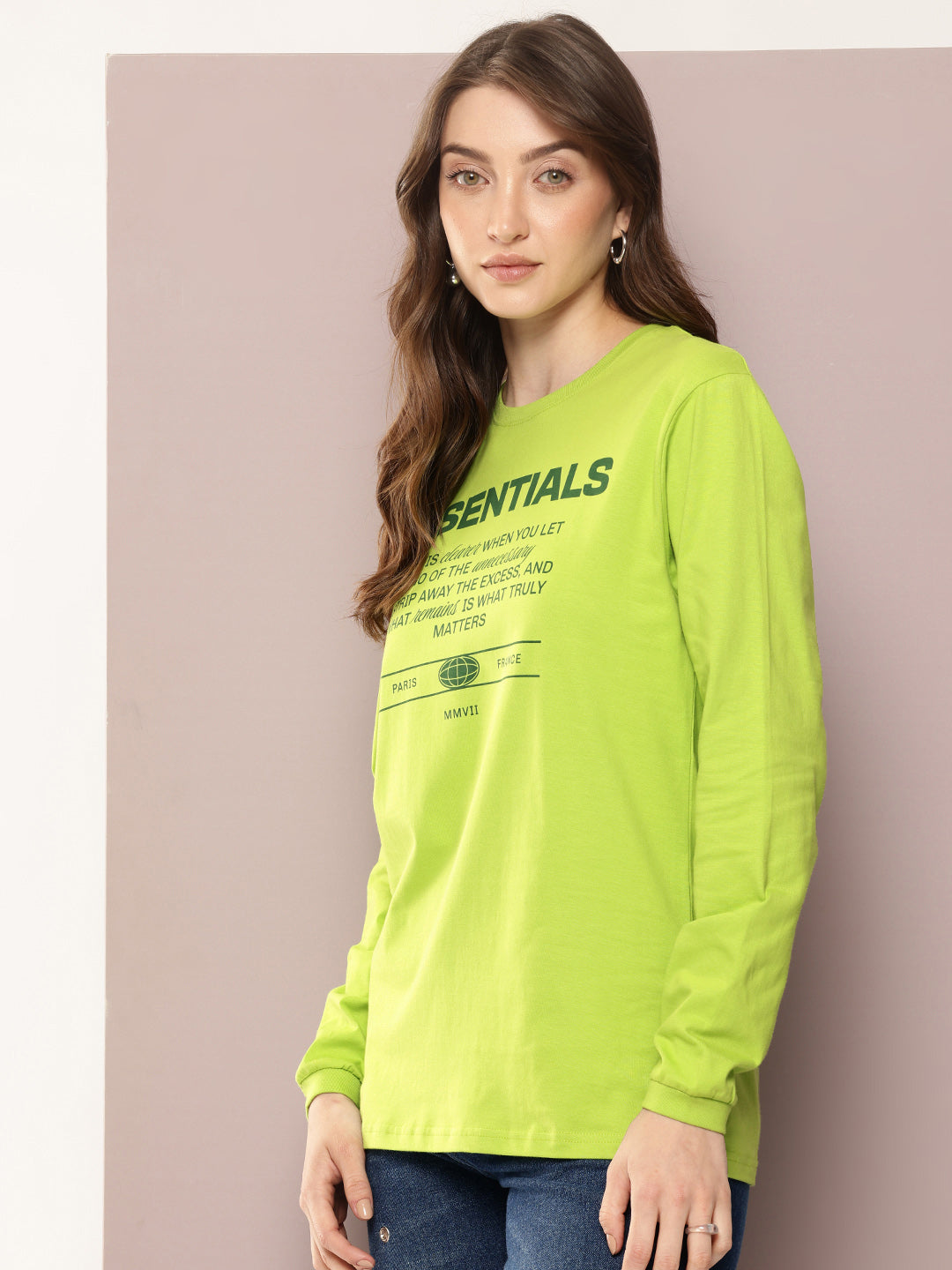 Womens Full Sleeve Round Neck Printed Oversized Fit Tshirts