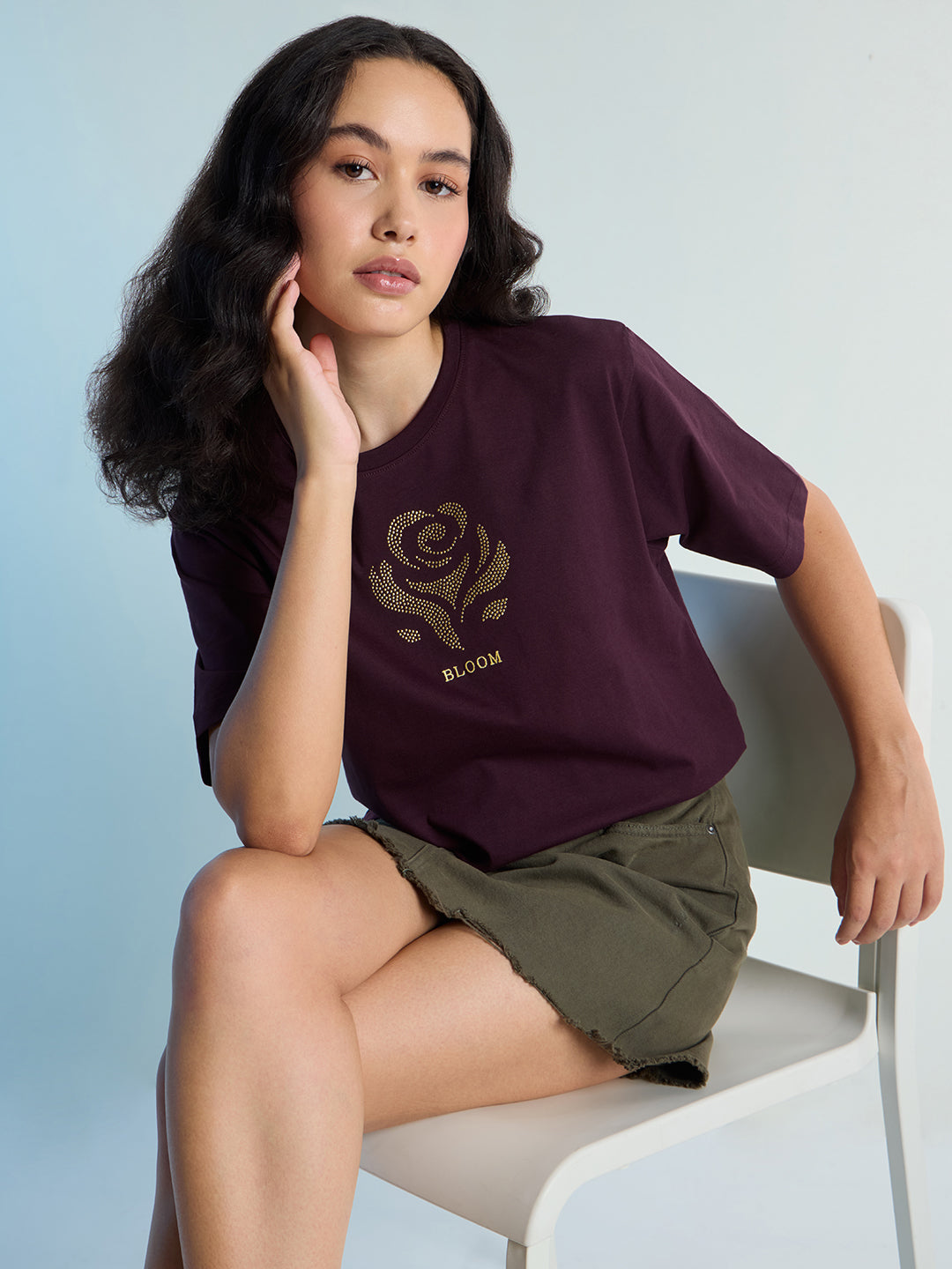 Womens Stud Detailed Oversized Round Neck Tshirt 