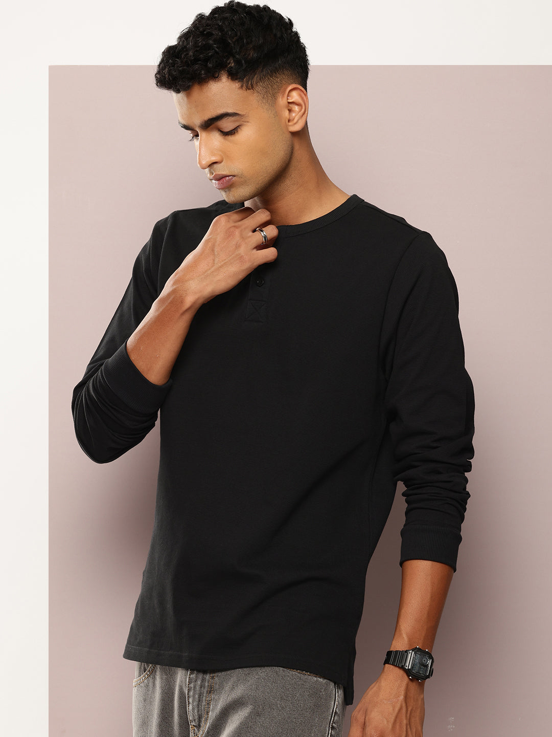 Mens Full Sleeve Henley Neck Solid Regular Fit Tshirts