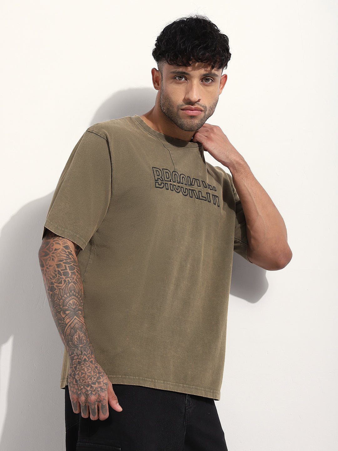 Mens Half Sleeve Round Neck Embroidered Oversized Fit Tshirts