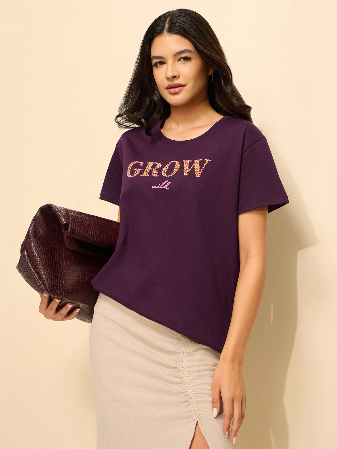 Womens Puff Printed Boxy Regular Fit Cotton T-Shirt