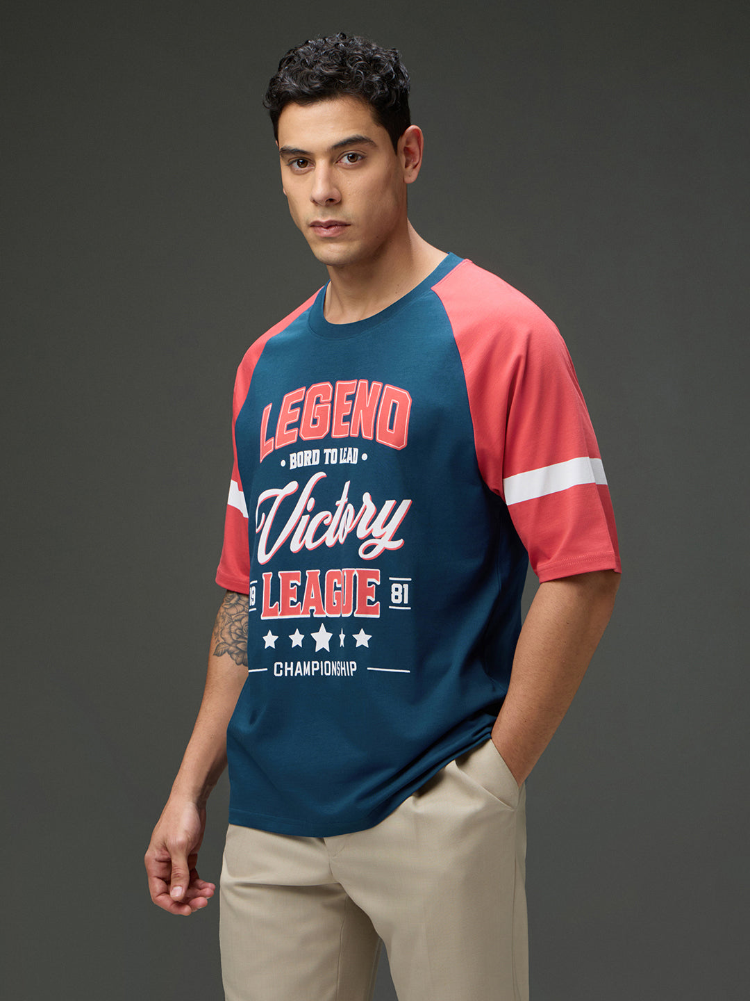Mens Round Neck Raglan Sleeve Printed Oversized Fit Tshirt