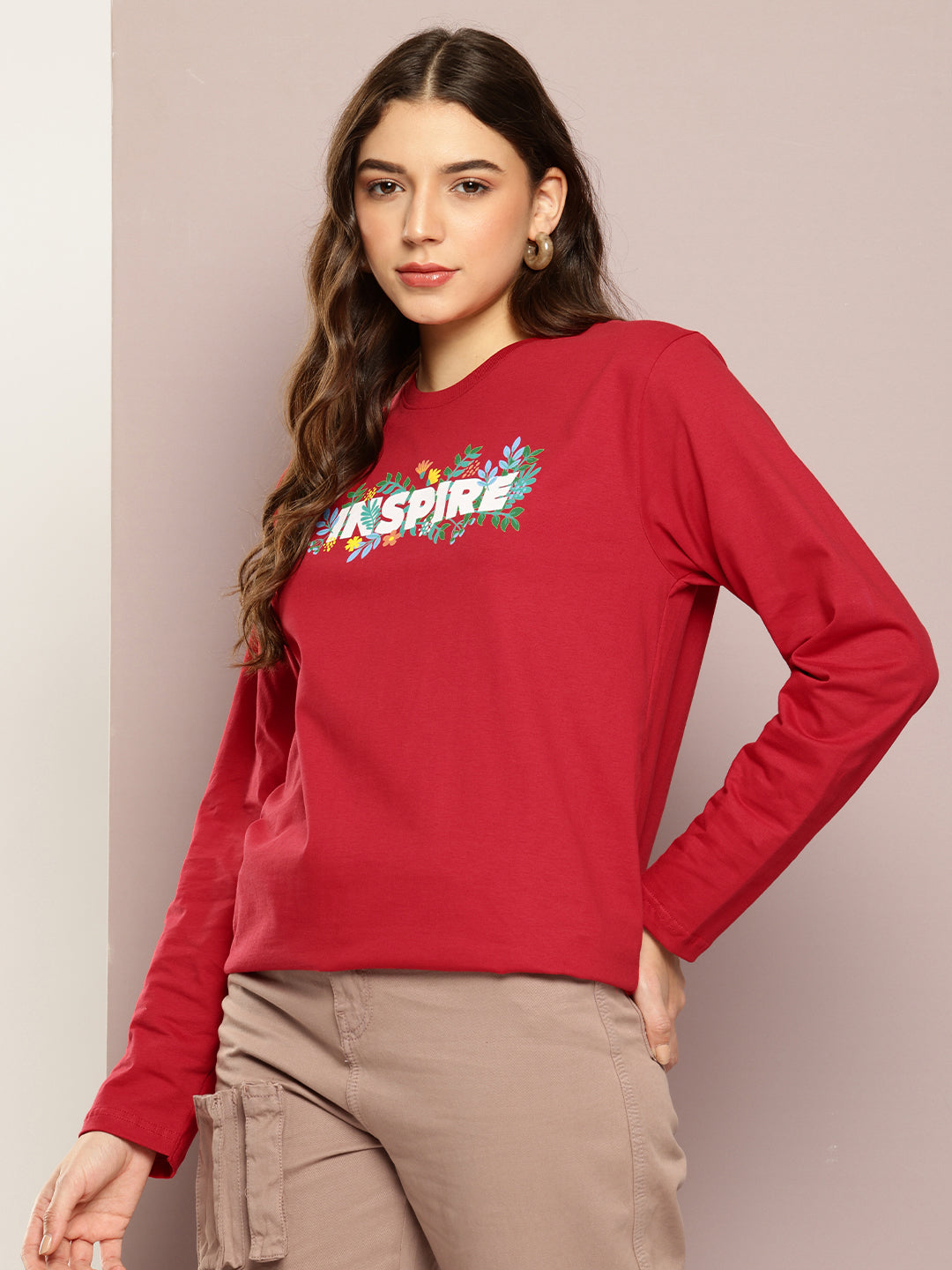 Womens Full Sleeve Round Neck Printed Oversized Fit Tshirts