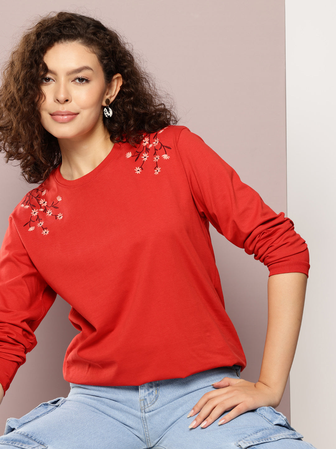 Womens Full Sleeve Round Neck Embroidered Oversized Fit Tshirts