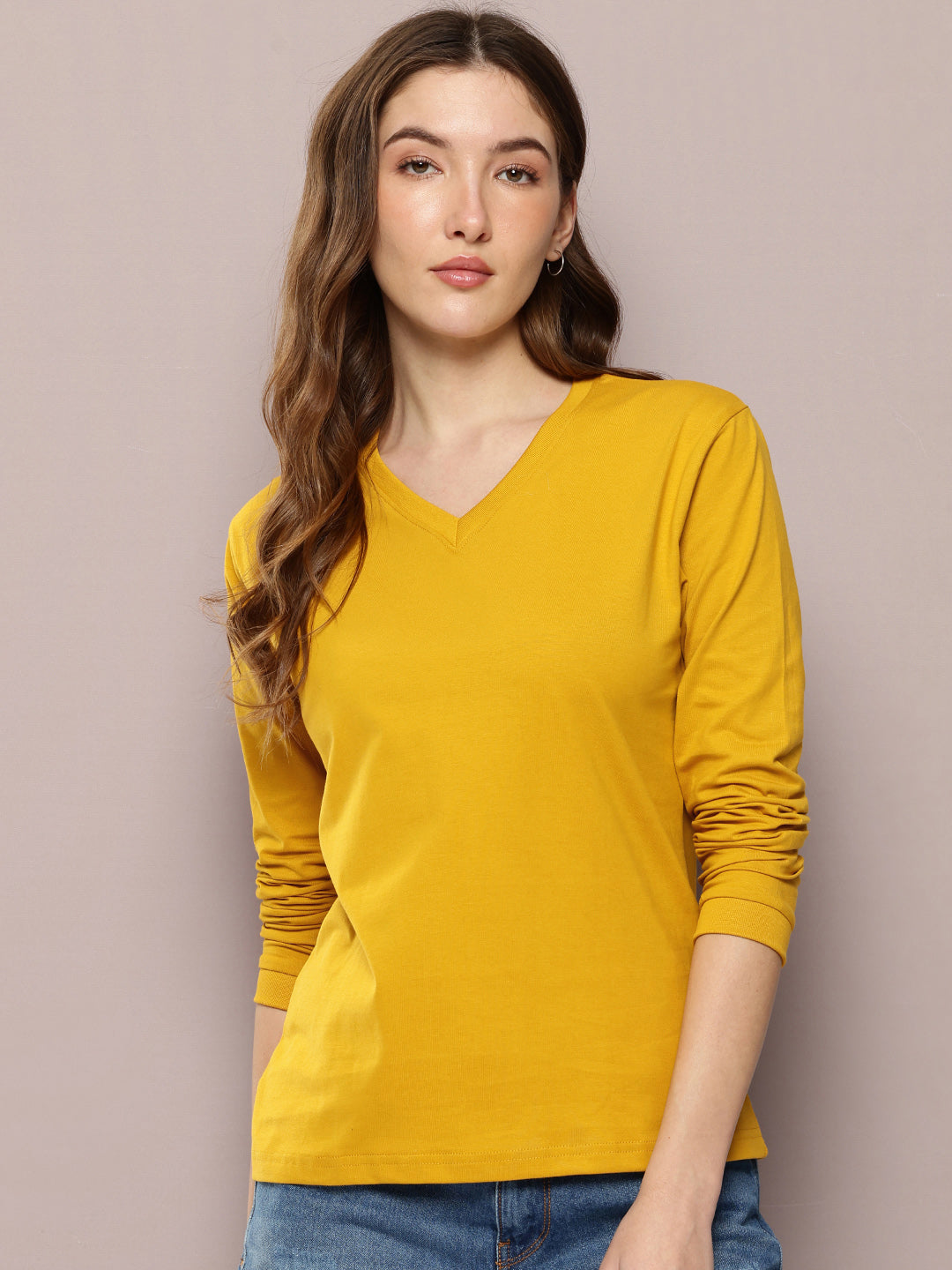 Womens Full Sleeve V-Neck Solid Regular Fit Tshirts