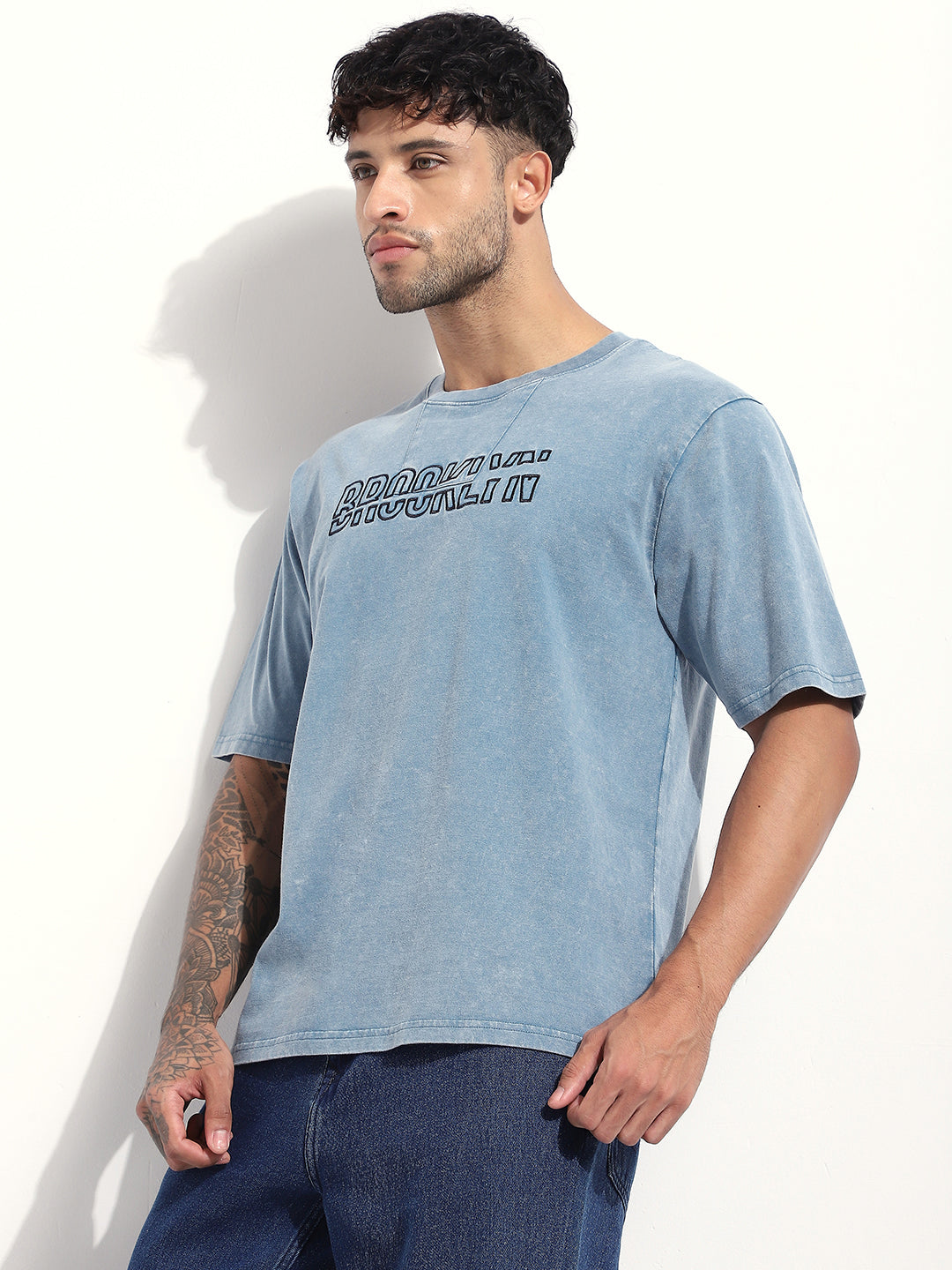 Mens Half Sleeve Round Neck Embroidered Oversized Fit Tshirts