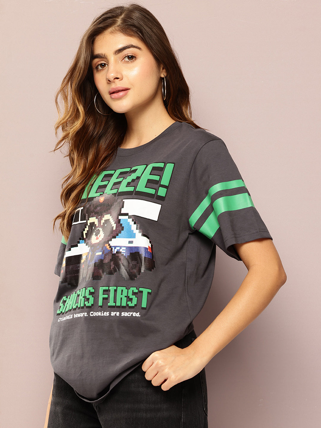 Womens Short Sleeve Puff Printed Oversized Fit Tshirt