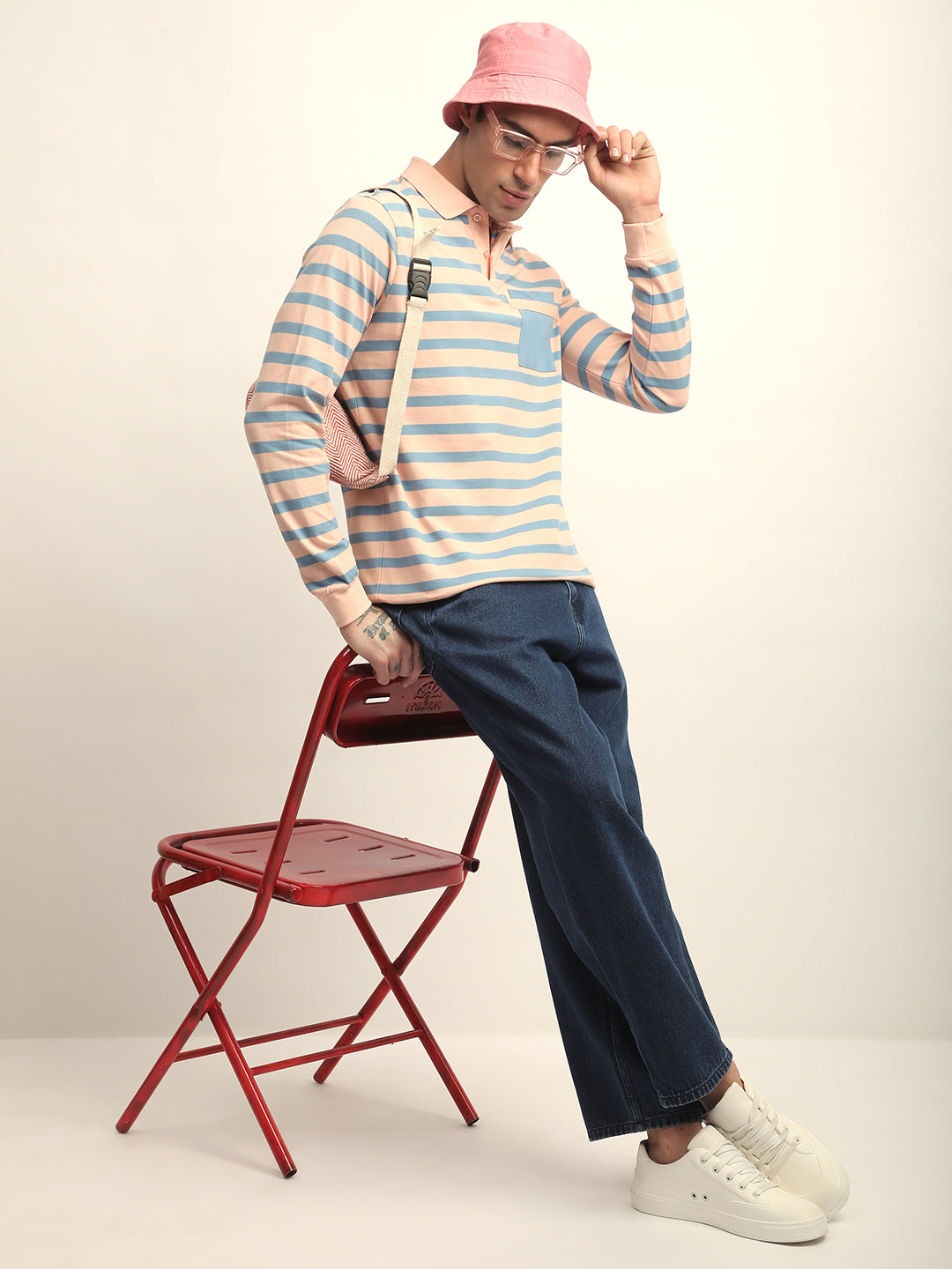 Mens Full Sleeve Polo Neck All-Over Striped Regular Fit Tshirts