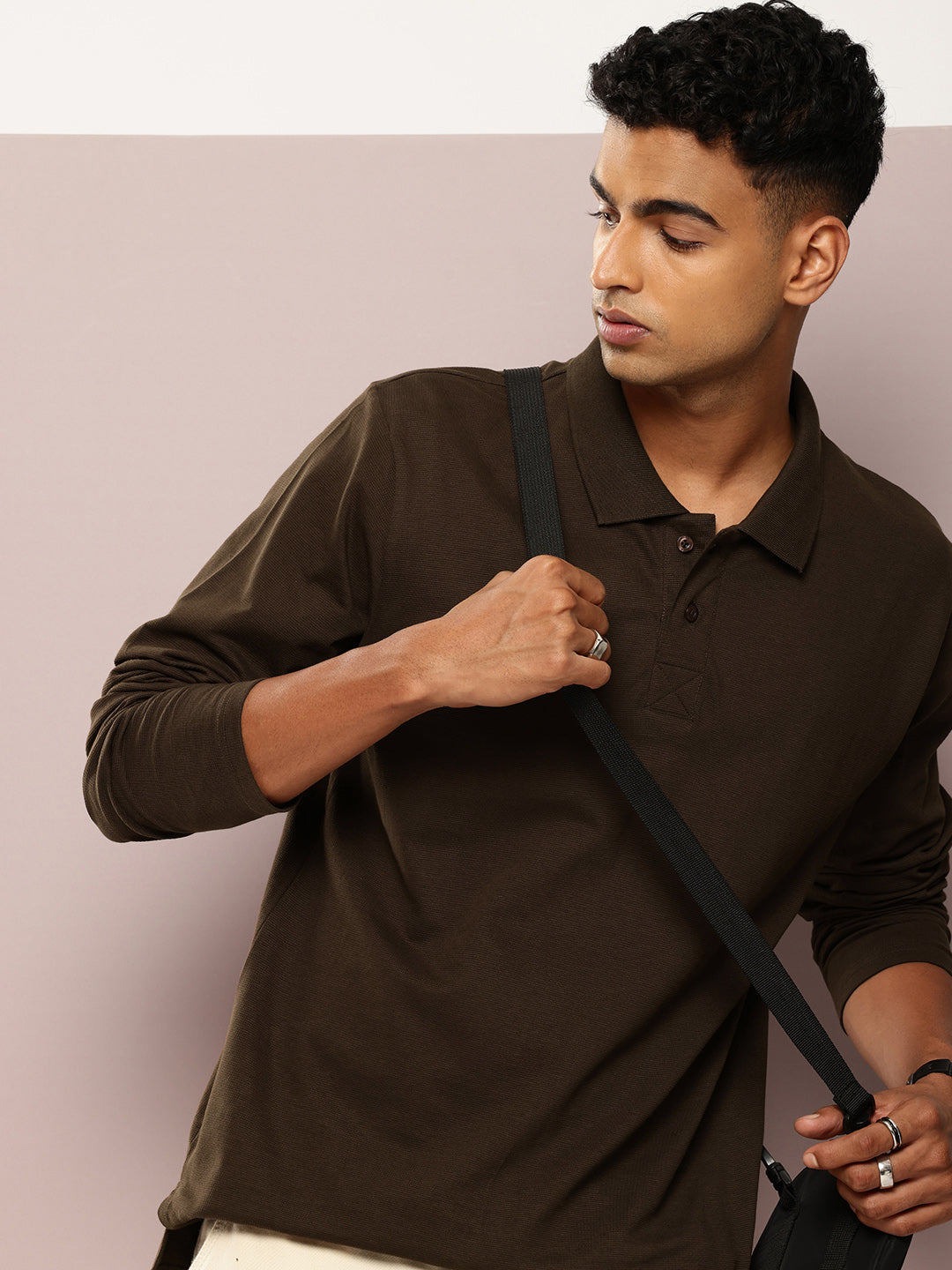 Mens Full Sleeve Polo Neck Solid Oversized Fit Tshirts