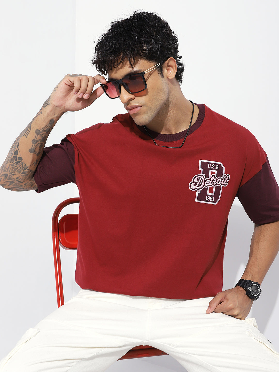 Mens Half Sleeve Drop Shoulder Embroidery Oversized Fit T-Shirts
