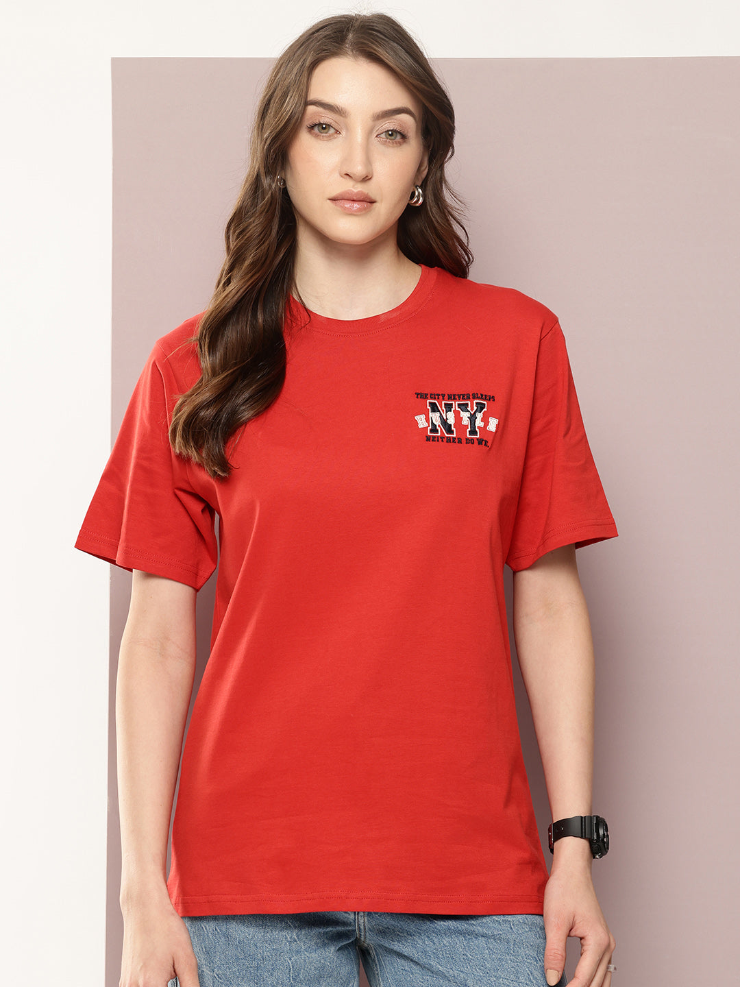 Womens Half Sleeve Round Neck Embroidered Oversized Fit Tshirts