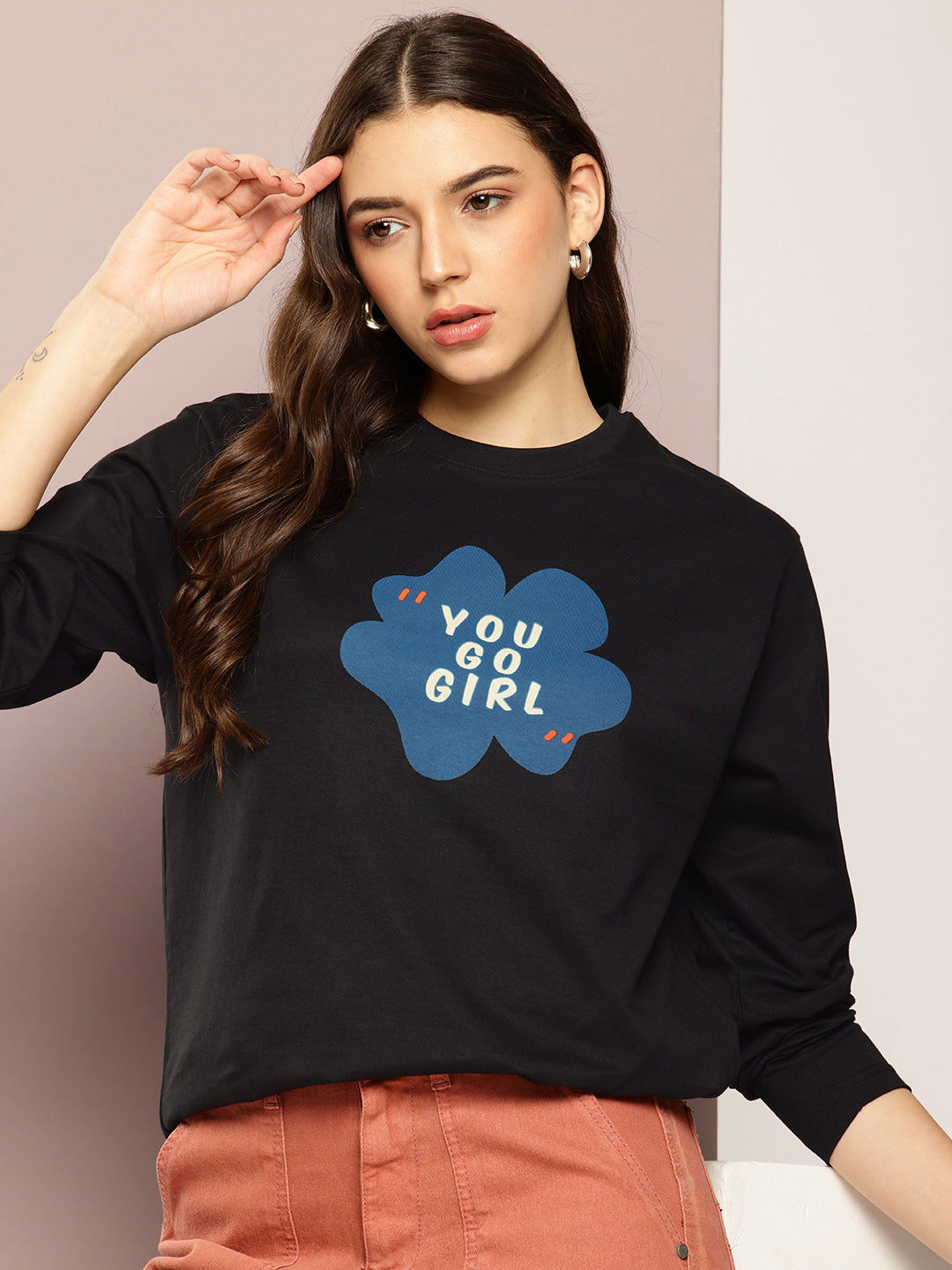 Womens Full Sleeve Round Neck Printed Oversized Fit Tshirts