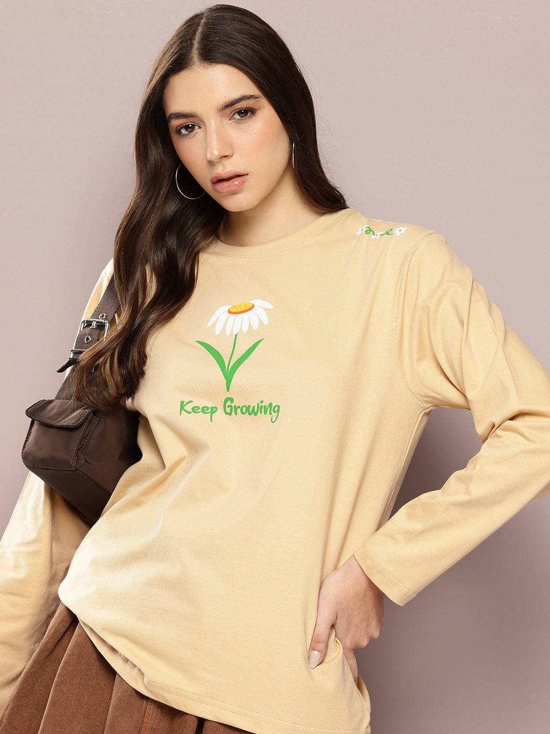 Womens Full Sleeve Round Neck Printed Oversized Fit Tshirts