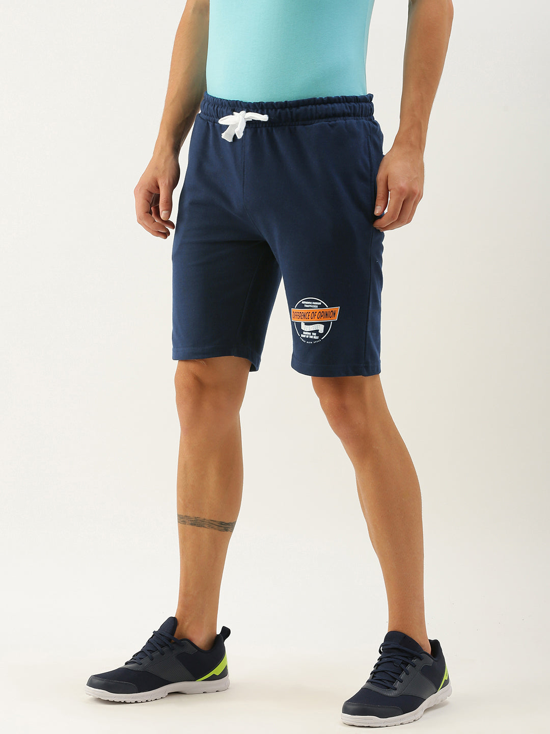 Men Navy Blue Brand Logo Printed Mid-Rise Regular Shorts