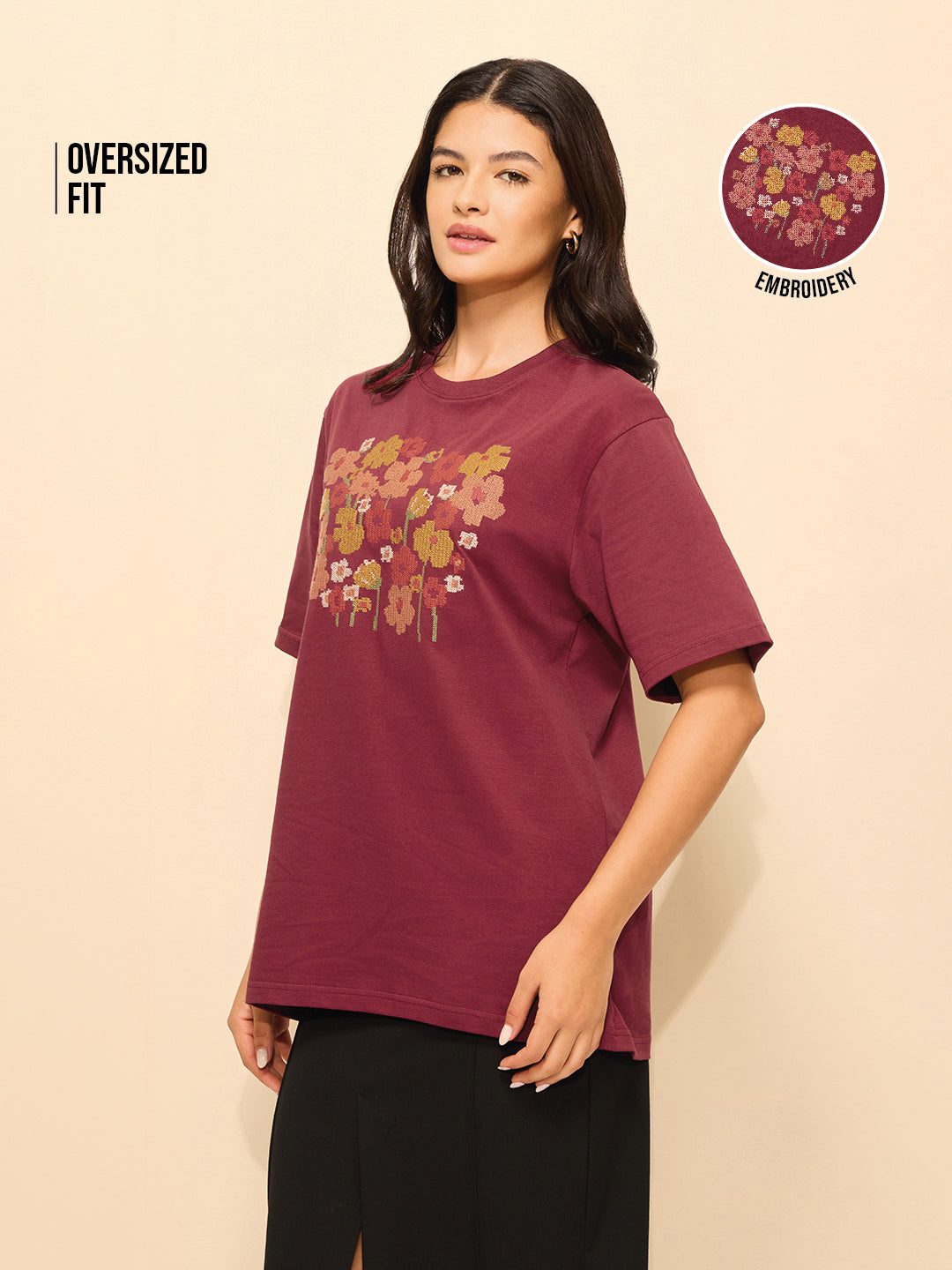 Womens Embroidery Oversized Fit Cotton T-Shirt