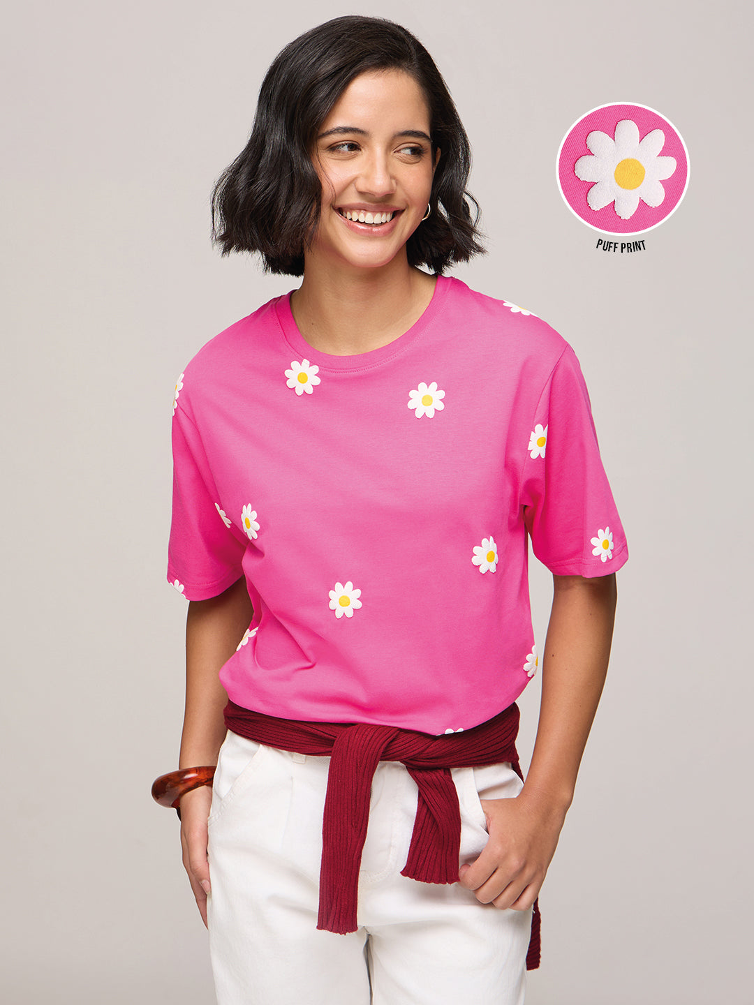 Womens Puff Printed Oversized Fit Cotton T-Shirt