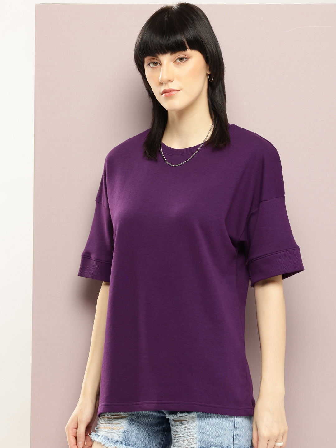 Womens Half Sleeve Round Neck Solid Oversized Fit Tshirts