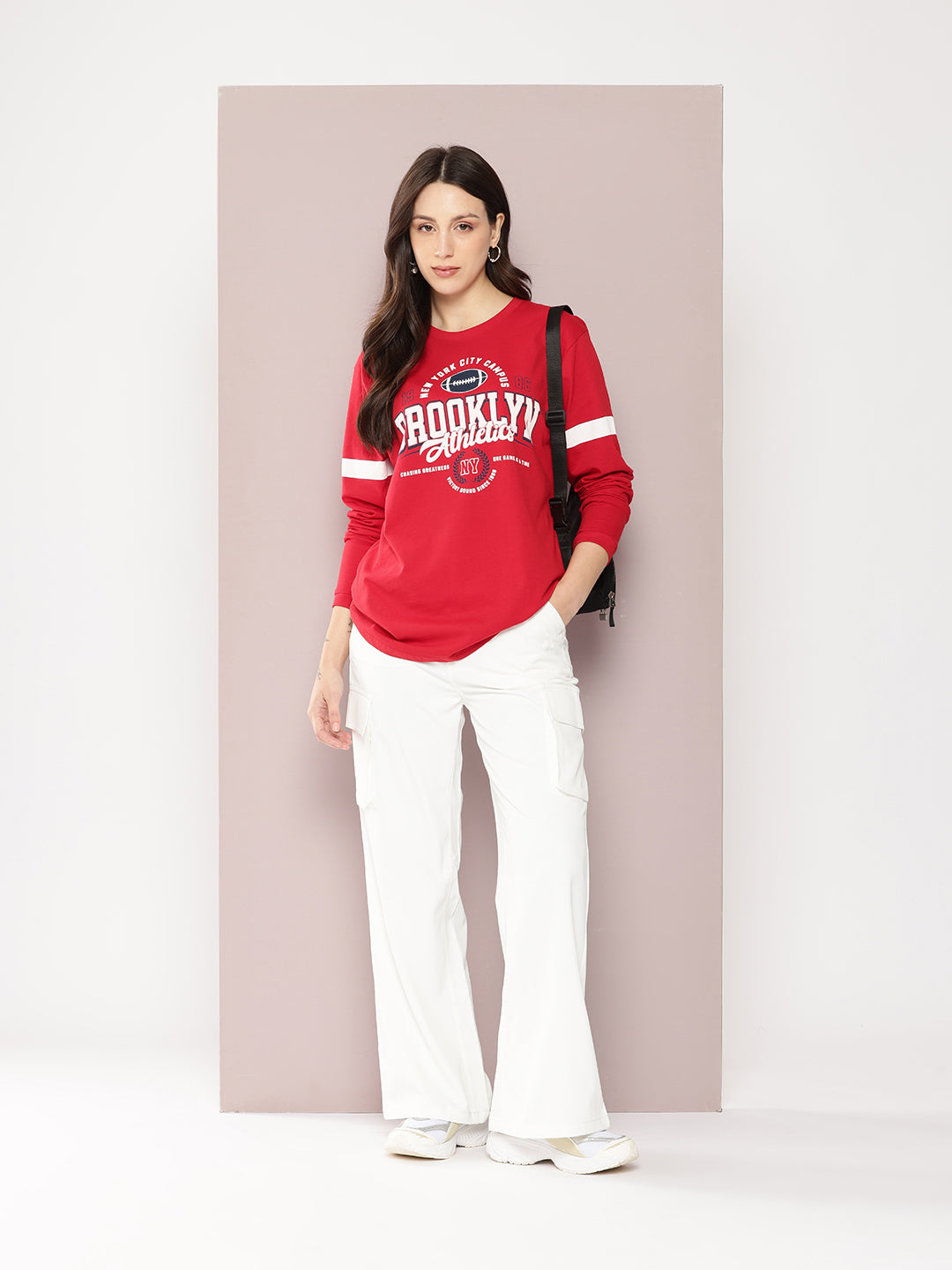 Womens Full Sleeve Round Neck Printed Oversized Fit Tshirts
